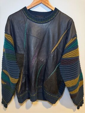 Vintage 80s Saxony Collection Leather 3D Knit Sweater Coogi Style Pullover Sz M